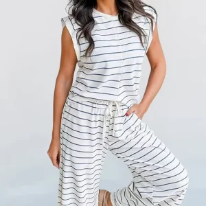 Lightweight Cotton Blend Sleeveless Tee Relaxed Fit Women’s White Blue Striped Top Loungewear T Shirt