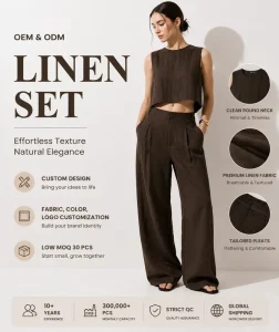 Linen Blend Sleeveless Crop Top and Wide Leg Pants Summer Two Piece Set Factory Direct OEM ODM