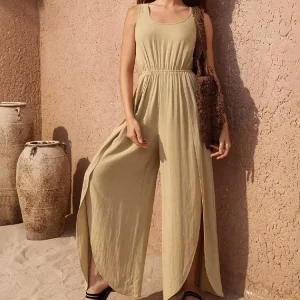 Linen Jumpsuit for Women Loose Fit Square Collar Zipper Fitness Inspired Casual Jumpsuit for Summer