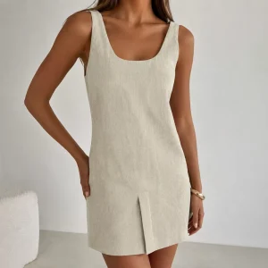 Linen Summer Dress Women Sleeveless Square Neck Regular Fit Beige Mini Casual Dress OEM ODM Bulk