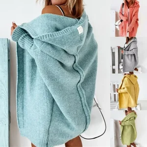 Long All match Cardigan Women Korean Fashion Regular Sleeve V neck Hooded Sweater Autumn New Loose Fit Front Logo Knitted
