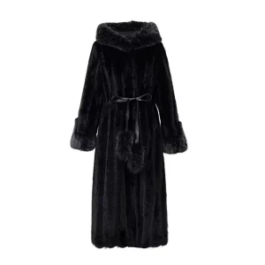 Long Black Brown Winter Coat for Women Faux Fur Hood Overcoat with Tassel Decoration and Big Collar Warm