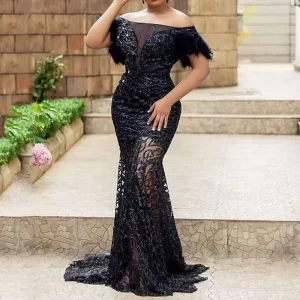 Long Dress Sequin Party Dresses Ball Gown Fashion Women Solid Empire Slash Neck Banquet