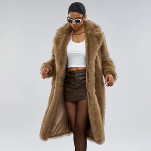 Long Faux Fur Suit Collar Coat for Women in Autumn and Winter