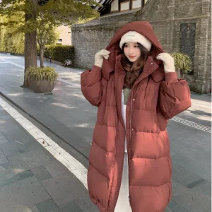 Long Length Waterproof Women’s Down Jacket with Hood Large Pockets Japanese Korean Style Warm Puffer for Cold Weather Winter Use