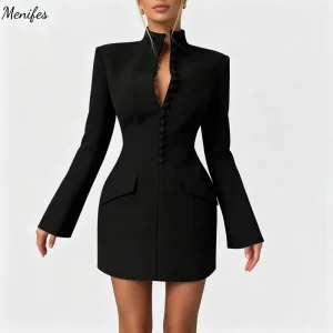 Long Sleeve Blazer Dress With High Neck and Front Buttons Elegant Formal Wear for Women Women’s Dress