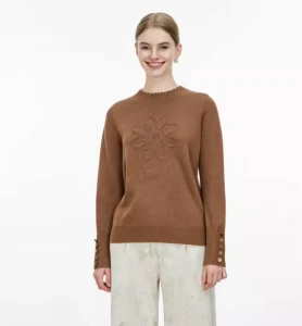 Long Sleeve Brown Pullover Women’s Scalloped Neck Knitwear with Floral Embroidery and Sleeve Buttons