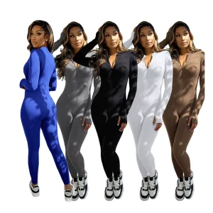 Long Sleeve Jumpsuit With Zipper Rib One Piece Jumpsuit Bodycon for Woman Patchwork Zip Jumpsuit Long Sleeve Bodycon