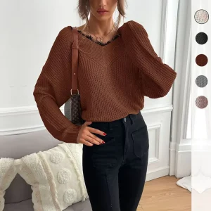 Long Sleeve Knitted Pullover Women’s Loose Casual Front Logo V Neck Cashmere Wool Sweater