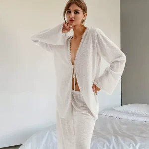 Long Sleeve Pyjamas Loungewear Women Sets White Lace up Loose Two Piece Sleepwear Suit Women Pajama Set Sleepwear