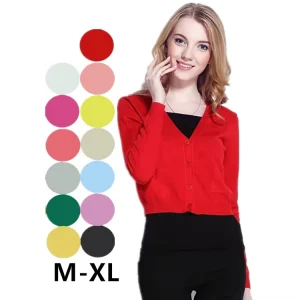 Long Sleeve Red Jersey Knit Private Label Short Women’s Red Cardigan Crop Sweater With Pocket