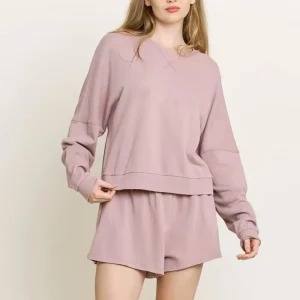 Long Sleeve Shortie Set for Women Cotton Terry Homewear Women’s Crewneck and Short Sets Custom Two Piece Lounge Set