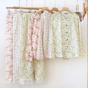 Long Sleeve Women’s Sleepwear With Floral Print 100% Cotton Fabric Soft Breathable Pajamas Set for Women