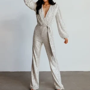 Long Sleeves Women Jumpsuit Drawstring Sequin Long Sleeve Romper