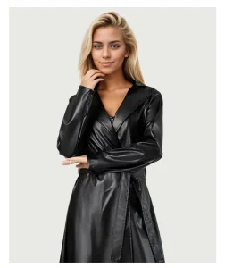 Long Waterproof Fleece Lined Knitted Trench Coat Spring Wrinkle Resistant Women’s Faux Leather Jacket Winter Autumn