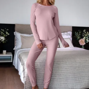 Long sleeve women’s pajamas ribbed sleep top and pant set for women Knit Pyjama Sets organic modal womens sleepwear