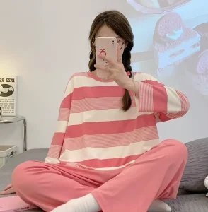 Long sleeved Women Pajamas Home Clothes Women’s Casual Suit Loungewear 2 Pcs Stripe Pajamas Sleepwear Set