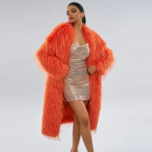 Longline Faux Fur Coat with Fringe Solid Color Women’s Teddy Jacket Bohemian Style Winter Overcoat