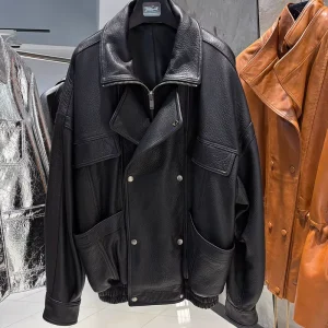 Loose Fit Double Breasted Genuine Sheepskin Jacket Women’s Oversized Real Leather Bomber Jacket Autumn