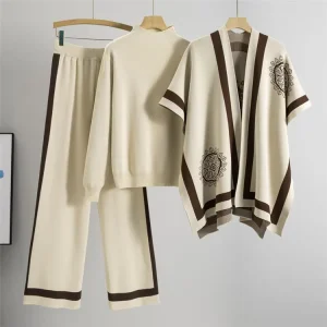 Loose Lazy Suit Women’s Autumn Embroidered Viscose Anti Wrinkle Luxury Knee Knitwear Shawl Cape Coat Wide Leg Pants Three Piece