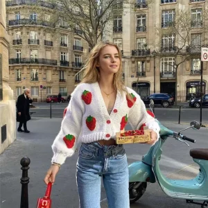 Loose Sweater Knitted Cardigans Sweaters Women’s V neck Lantern Sleeve Strawberry Decorative Jacket