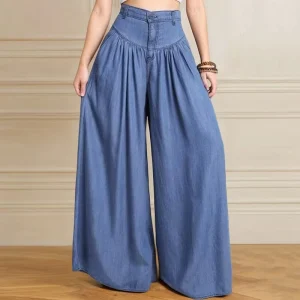 Loose Wide Leg Buttoned Solid Color Zipper Women’s Jeans Casual Pants
