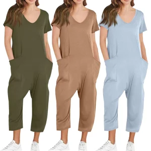 Loose Women’s One Piece Rompers Jumpsuits Set Short Sleeve Summer V Neck Plain Color Casual Jumpsuit Women