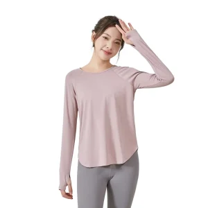 Loose Women’s Yoga Top Spandex Polyester Solid Simple Sun Protective Long Sleeved Breathable Quick Dry Fitness