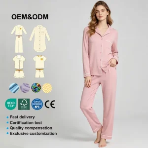 Lounge Wear Sets Women Custom Bamboo Long Sleeve Sleepwear Soft Pyjamas Top & Pant Night Wear French Piping Sleepwear Ensemble