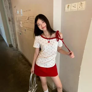 Love Printed White Slant Shoulder Women’s Short Sleeve T-Shirt Summer Strap Design Slim-Fit Top