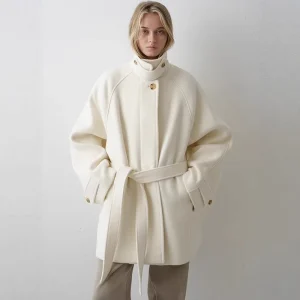 Low Korean Niche Vintage Designer Woolen Coat Women’s Autumn Winter Mid-length Lace-up Thickened Warm Pockets for Women