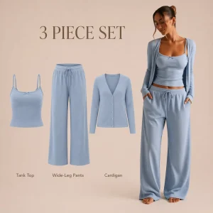 Low MOQ Custom Colors Women’s 3 Piece Ribbed Knit Set Private Label Rib Knit Loungewear Pajamas Manufacturer