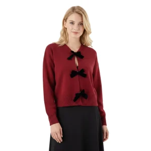 Low MOQ Custom Women Knit Sweater V Neck Drop Shoulder Sleeve Ladies Sweater Sweet Velvet Bow Decor Button Women Knit Cardigan