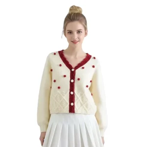 Low Moq Custom Women Knit Sweater Long Sleeve V neck Ladies Sweater High Quality Picot Stripe Button Women Knit Cardigan