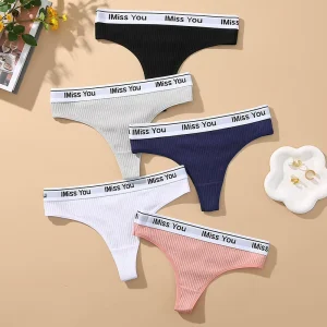 Low Rise Seamless Ribbed Women’s Thong Panties Letter Pattern Elastic Waist Soft Cotton Breathable G String Intimate Lingerie