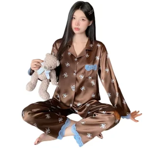Luxurious feel Long sleeved Pants Casual Comfortable Faux Silk Women’s Wearable Loungewear Pajamas