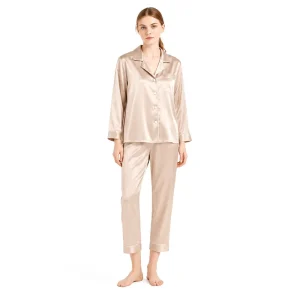 Luxury 19 Momme 100% Mulberry Silk Women’s Pajama Set with Long Sleeve Top and Full Length Pants Soft & Breathable Sleepwear