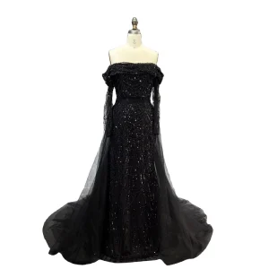 Luxury Black Dubai Evening Dress Off Long Sleeve Detachable Skirt Arabic Women Wedding Party Prom Gown