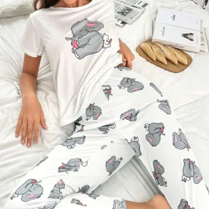 Luxury Casual Homewear Print Elastic Waist Short Sleeve Top and Shorts Two Piece Summer Sleepwear for Women’s Pajama Set