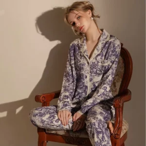 Luxury Classic French Sustainable Breathable Printed Cotton Pajamas Nightwear Sleepwear Set For Woman Gift Home Use