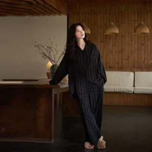Luxury Cotton Women’s Summer Pajamas Long Sleeve Pocket Eco friendly Breathable Home Wear Sleepwear Loungewear Sets Chest Pad