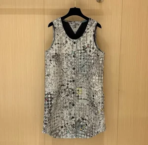 Luxury Custom Retro Women’s Genuine Leather Woven Vest, Printed Long Dress, Fashion Sheepskin Casual Waistcoat Outerwear