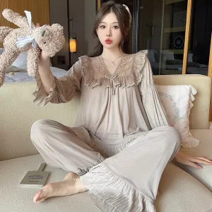 Luxury Ladies Loungewear Set Sweet Romantic Solid V neck Nightdress Lace Trim Elastic Waist Sleepwear
