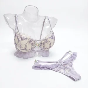Luxury Purple Floral Embroidery Lace Sexy Underwire Bra G-STRING Panty 2-Piece Lingerie Set For Women