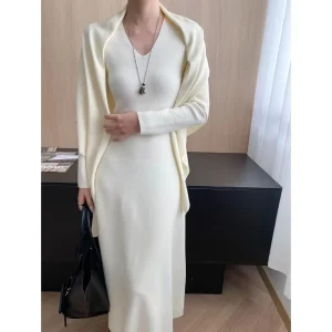 Luxury Spaghetti Strap French V-neck Slimming Draping Dress with Long Shawl Knitted Fabric Sweater Knee Length Dress
