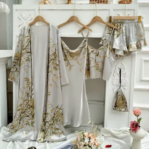 Luxury Women’s Full Season Printed Pajamas Five Piece Set Polyester Pajamas for Women