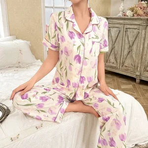 Luxury Women’s Woven Loungewear Set with Floral Print Design Romantic Women’s Pajamas