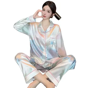 Luxury and Elegant Satin Long Sleeve Women’s Sleepwear Chic Floral Print Home Wear