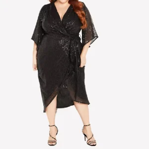 Luxury elegant half loose sleeve v neck wrap sequin plus size women’s cocktail dresses