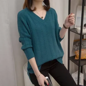 M 5XL Large Women’s Autumn Knitwear Upper Garment Autumn Winter Base Coat Pullover V neck Long Sleeve Sweater